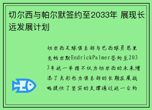 切尔西与帕尔默签约至2033年 展现长远发展计划